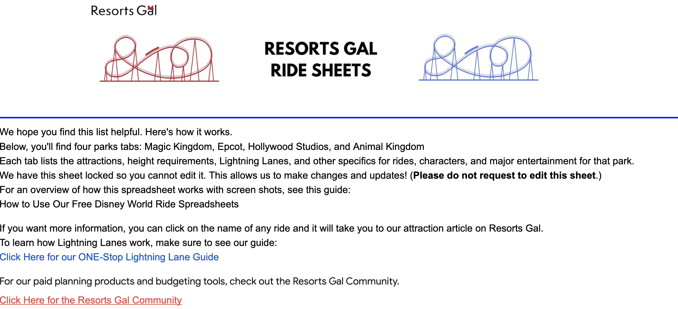 a screenshot of the home page for Resorts Gal Ride Spreadsheets 